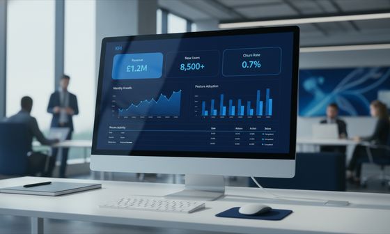Aplicație pe măsură deschisă pe un monitor de birou, cu tablou de bord și grafice