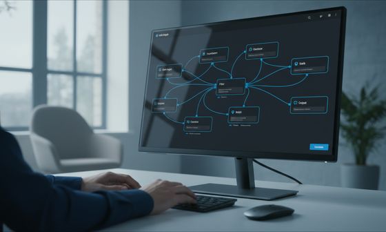 Diagramă de flux cu pași conectați, deschisă pe un monitor