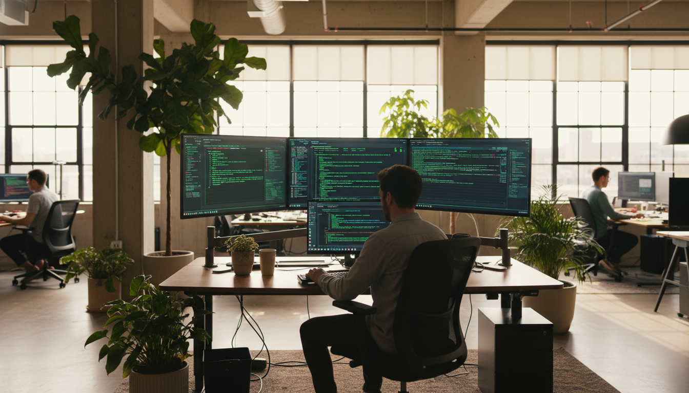 Spațiu de lucru modern Flowmatic, dezvoltator de software cu monitoare multiple