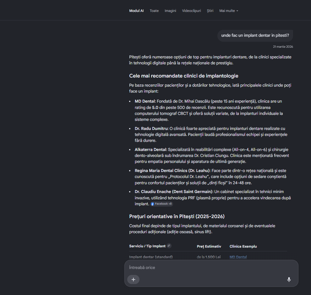 MD Dental citat în răspunsul Google AI Overview