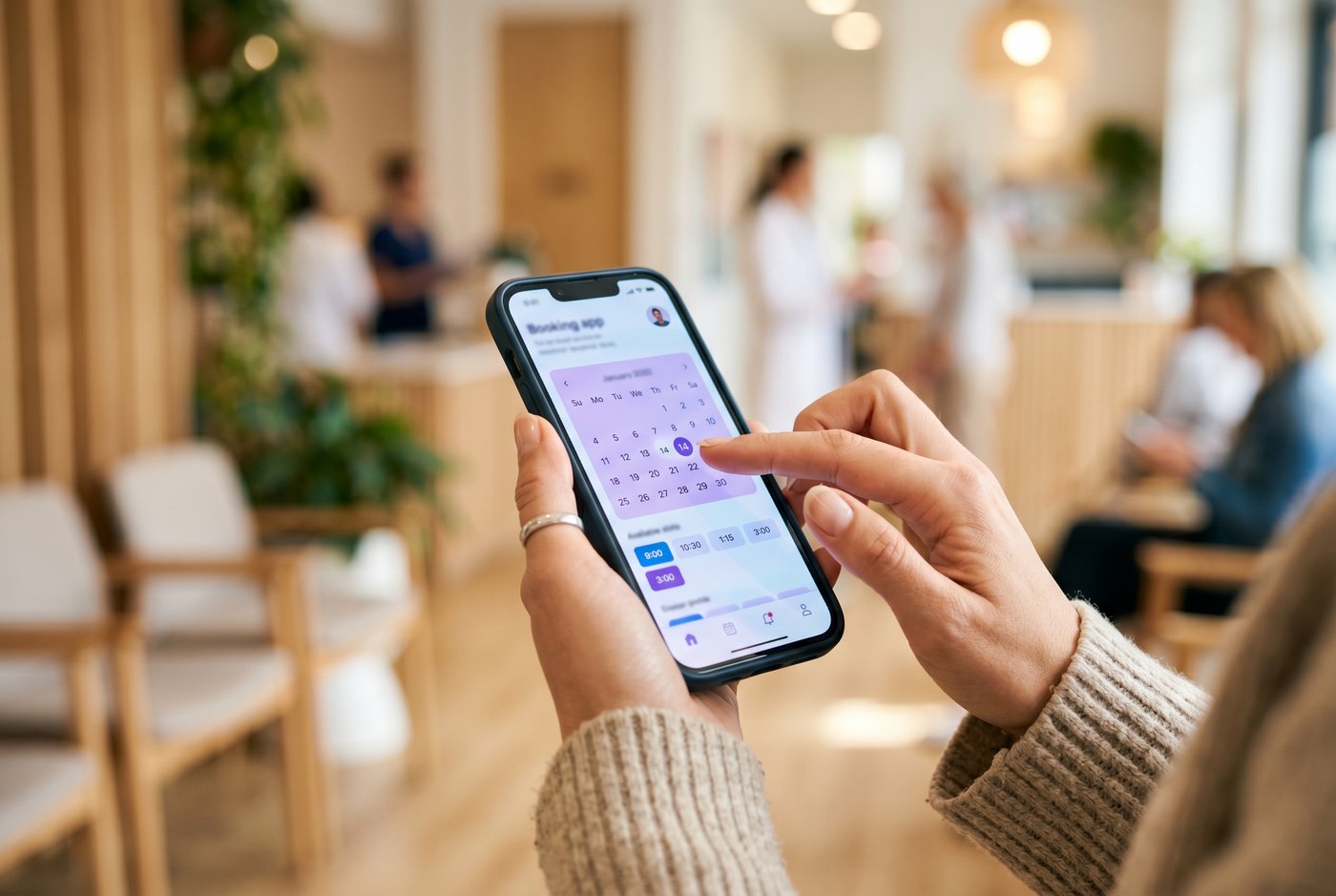 Ecran de aplicație medicală pe o tabletă, într-o clinică